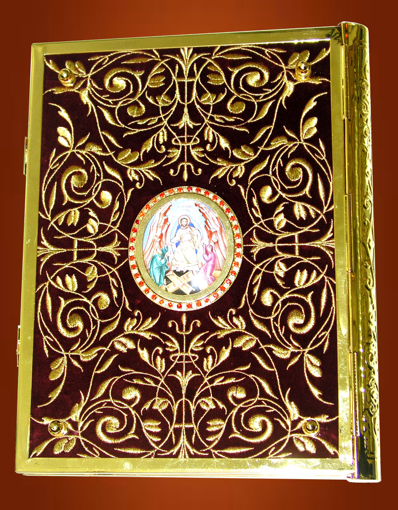 Ευαγγέλιο Χρυσοκέντητο Βελούδο  1 Εικόνα Πορσελάνη Α'(Ανάσταση) (102-75 AN)