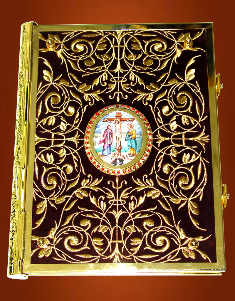 Ευαγγέλιο Χρυσοκέντητο Βελούδο  1 Εικόνα Πορσελάνη Α'(Σταύρωση) (102-75 ST)